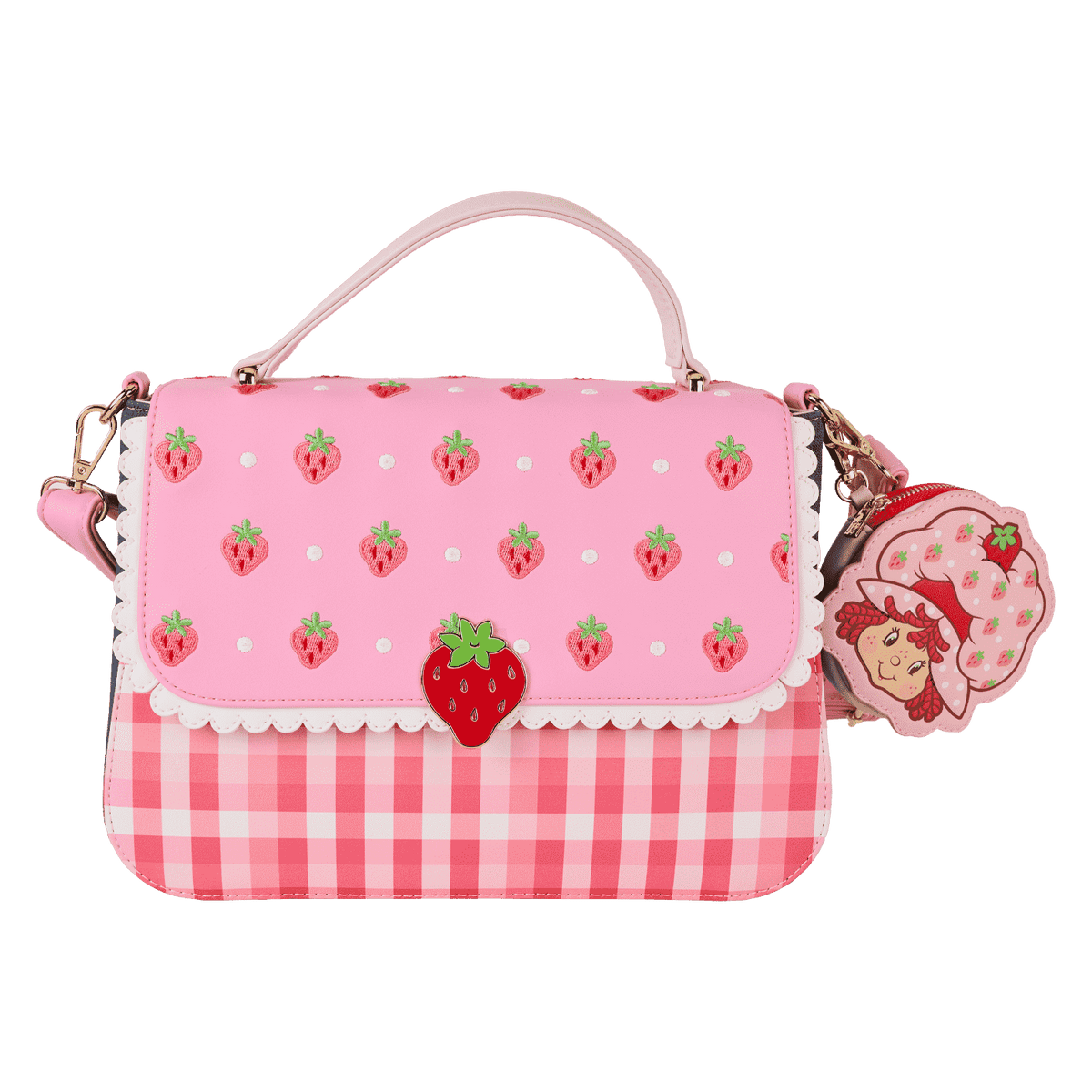 strawberry shortcake denim gingham crossbody bag with coin bag